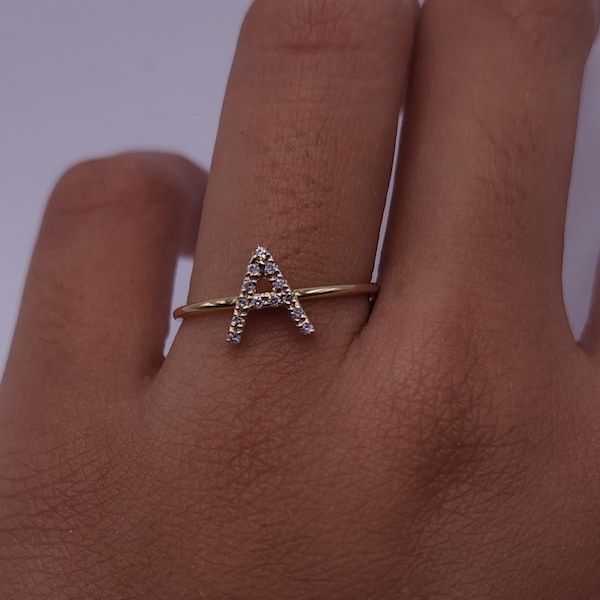 Initial Diamond Ring, 14Kt Gold Letter Ring, Gold Diamond Ring, Natural Diamond Ring