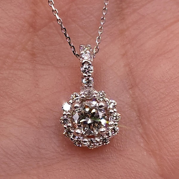 0,50 Ct Diamant-Halskette, 14K Gold Diamant Solitär-Anhänger, echte Naturdiamant-Halo-Halskette, Brauthalskette, Brautjungfer-Halskette