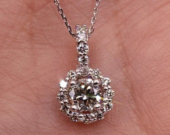 0.50 Ct Diamond Necklace, 14K Gold Diamond Solitaire Pendant, Genuine Natural Diamond Halo Necklace, Bridal Necklace, Bridesmaid Necklace