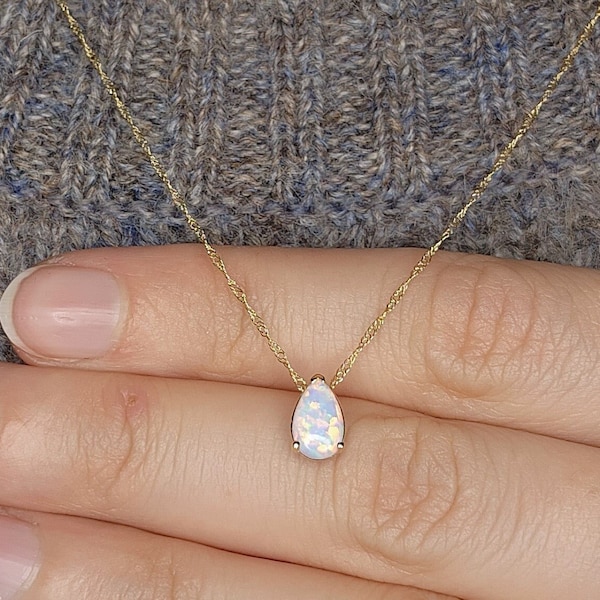 14Kt Gold Opal Halskette, Opal Teardrop Halskette, Opal Anhänger, Oktober Birthstone Halskette