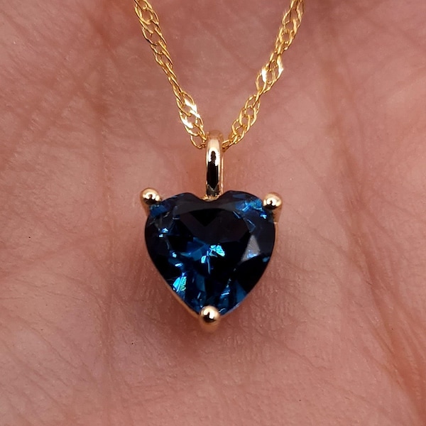 14Kt Gold London Blue Topaz Heart Necklace, Topaz Pendant, November Birthstone Necklace