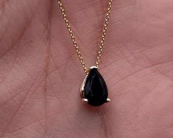 14Kt Gold Onyx Teardrop Halskette, natürlicher schwarzer Onyx Anhänger