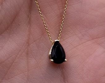 14Kt Gold Onyx Teardrop Necklace, Natural Black Onyx Pendant