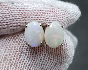 14Kt Gold Natural Opal Earrings, Opal Oval Earrings, Opal Studs, Opal Dainty Earrings, October Birthstone Earrings, Bridesmaid Earrings