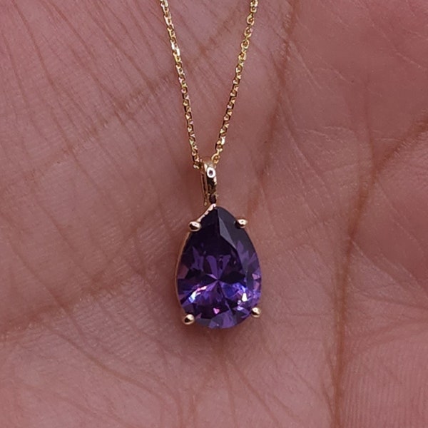 14Kt Gold Amethyst Teardrop Necklace, 1.5 Ct Amethyst Pendant, February Birthstone Necklace