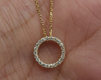 14K Gold Diamond Necklace, Cluster Diamond Necklace, Open Circle Diamond Pendant, Lab Grown Diamond Necklace