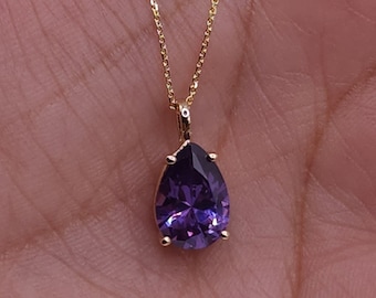 14Kt Gold Amethyst Teardrop Necklace, 1.5 Ct Amethyst Pendant, February Birthstone Necklace