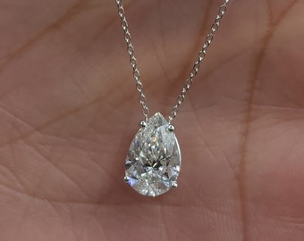 2 Ct Diamond Necklace, 14K Gold Lab Grown Diamond Solitaire Pendant, Attached On Chain, Teardrop Diamond Necklace