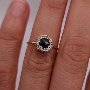 14K Black Diamond Ring, Natural Rose Cut Black Diamond Ring, Halo Black Diamond Ring, Real Gold Ring