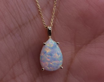 14Kt Gold Opal Teardrop Necklace, Opal Pendant, October Birthstone Necklace
