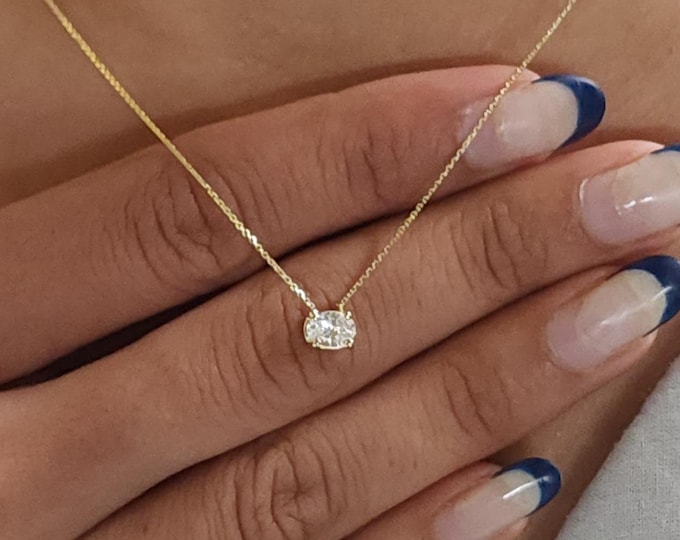 14Kt Gold 0.27 Ct Diamond Oval Pendant, Lab Grown Diamond Solitaire Necklace, East West Diamond Necklace, Attached Diamond Necklace