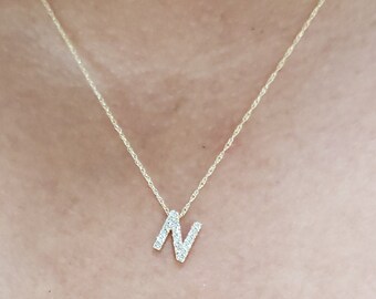 14Kt Gold Diamond Initial Necklace, Letter Necklace, Gold Diamond Necklace, Natural Diamond Necklace, Beautiful Necklace