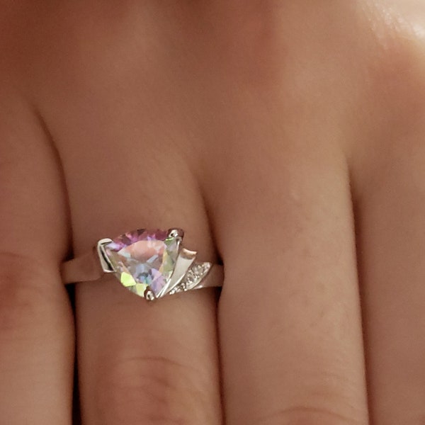 1.5 Ct Natural Mercury Mist Mystic Topaz & Diamond Trillion Ring .925 Sterling Silver