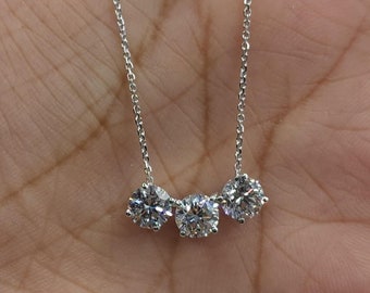 1.50 Ct Diamond Necklace, Lab Grown Diamond Solitaire Pendant, 3 Stone Diamond Necklace, Sterling Silver
