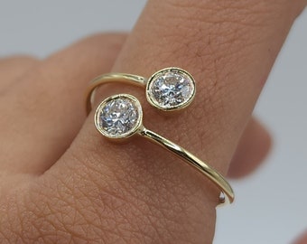0.60 Ct Diamond Ring, 14K Gold 2 Stone Diamond Bezel Ring, Lab Grown Diamond Ring