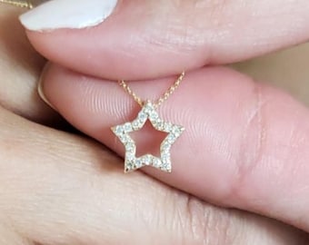 14Kt Gold Star Diamond Necklace, Diamond Pendant, Star Diamond Necklace, Natural Diamond Necklace, Beautiful Necklace