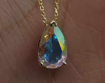 14Kt Gold Mercury Mist Mystic Topaz Teardrop Necklace, Natural Mystic Topaz Pendant, November Birthstone Necklace