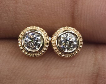 14Kt Gold Diamond Earrings, 0.30 Ct Diamond Bezel Earrings, Genuine Natural Diamond Stud Earrings