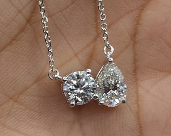 1.60 Ct Diamond Necklace, 14K Gold Lab Grown Diamond Solitaire Pendant, 2 Stone Teardrop & Round Diamond Necklace