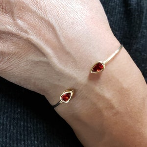 14Kt Gold Garnet Bangle, Garnet Teardrop Bangle, Garnet Bezel Bracelet, Open Cuff Bracelet, Flexible Bangle, January Birthstone Bracelet