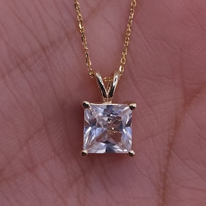 14Kt Gold White Sapphire Necklace, Sapphire Pendant, Princess Necklace, Square Necklace, September Birthstone Necklace