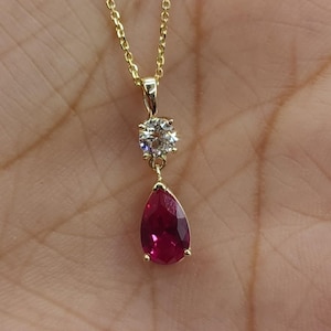 14Kt Gold Ruby Necklace, Ruby Teardrop Necklace, Lab Grown Diamond Ruby Pendant, July Birthstone Necklace, Ruby Gold Necklace