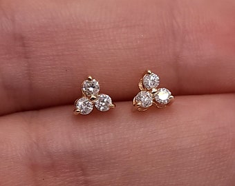 3 Stone Diamond Earrings, 14K Gold 0.24 Ct Genuine Natural Diamond Earrings, Real Diamond Earrings, Trio Diamond Earrings, Diamond Studs