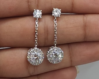 1.96 Ct Diamond Earrings, 14Kt Gold Lab Grown Diamond Earrings, Diamond Halo Dangle Stud Earrings