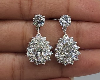 4.62 Ct Diamond Earrings, 14Kt Gold Lab Grown Diamond Earrings, Teardrop Halo Diamond Earrings, Dangle Drop Diamond Earrings