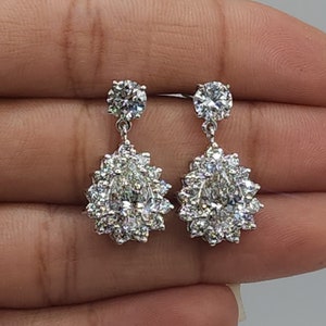 Pendientes de diamantes de 4,62 ct, pendientes de diamantes cultivados en laboratorio en oro de 14 kt, pendientes de diamantes con halo en forma de lágrima, pendientes colgantes de diamantes