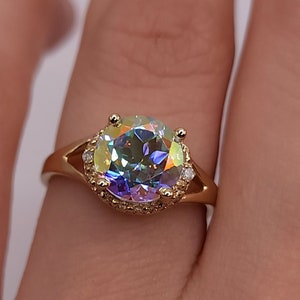 14Kt Gold 2 Ct Natural Mercury Mist Mystic Topaz & Diamond Halo Design Round Ring