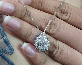 2.52 Ct Diamond Necklace, 14K Gold Teardrop Diamond Solitaire Pendant, Lab Grown Diamond Halo Pendant