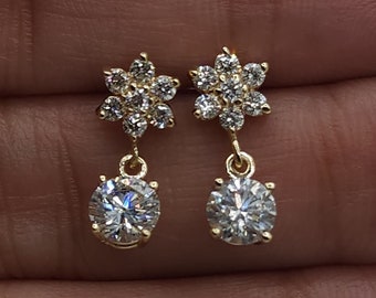 14Kt Gold Diamond Earrings, 1.28 Ct Cluster Lab Grown Diamond Earrings, Star Flower Diamond Earrings, Diamond Dangle Stud Earrings