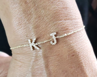 14Kt Gold Initial Diamond Bracelet, Letter Bracelet, 2 Initials Bracelet, Natural Diamond Bracelet