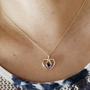 Collar de zafiro azul en oro de 14 kt, collar con corazón de zafiro, colgante de zafiro, collar con piedra de nacimiento de septiembre