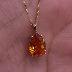 14Kt Gold Citrine Teardrop Necklace, 1.5 Ct Orange Citrine Pendant, November Birthstone Necklace, Citrine Gold Necklace