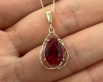 14Kt Gold Ruby Necklace, Ruby Pendant, Ruby Teardrop Necklace, July Birthstone Necklace, Gift For Her