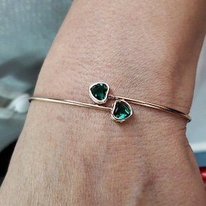 14Kt Gold Emerald Bangle, Emerald Heart Bracelet, Emerald Bezel Bracelet, Flexible bracelet, May Birthstone Bracelet
