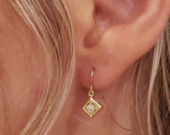 14Kt Gold Diamond Earrings, Diamond Dangle Earrings, Square Gold Earrings, Diamond Dangle Earrings, Real Diamond Earrings