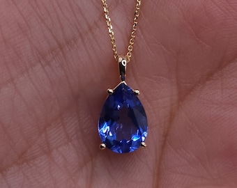 14Kt Gold Tanzanite Teardrop Necklace, 1.5 Ct Tanzanite Pendant, December Birthstone Necklace