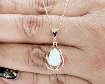 14Kt Gold Opal Necklace, Opal Pendant, Teardrop Necklace, October Birthstone Necklace