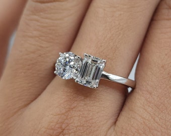 1.90 Ct Diamond Ring, 14K Gold 2 Stone Emerald Cut & Round Diamond Ring, Lab Grown Diamond Ring