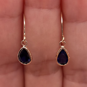14K Gold Blue Sapphire Teardrop Bezel Dangle Earrings, September Birthstone Earrings