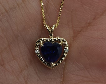 14Kt Gold Blue Sapphire Necklace, Sapphire Diamond Necklace, Sapphire Heart Pendant, September Birthstone Necklace