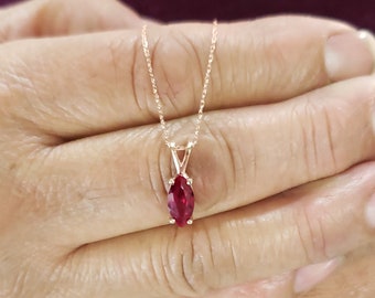 14Kt Gold Ruby Necklace, Ruby Pendant, Marquise Necklace, July Birthstone Necklace