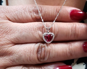 14Kt Gold Ruby Necklace, Ruby Diamond Necklace, Ruby Heart Pendant, July Birthstone Necklace