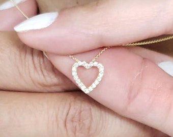 Open Heart Necklace, 14K Gold Diamond Pendant, Solid 14Kt Gold Diamond Necklace, Lab Grown Diamond Necklace, Beautiful Necklace