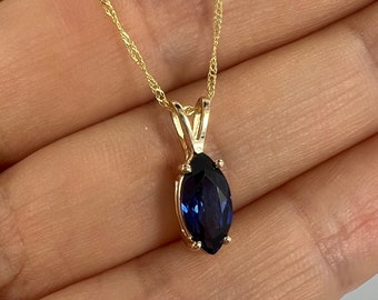 14Kt Gold Blue Sapphire Necklace, Sapphire Pendant, Marquise Necklace, September Birthstone Necklace