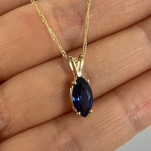 14Kt Gold Blue Sapphire Necklace, Sapphire Pendant, Marquise Necklace, September Birthstone Necklace