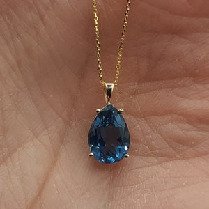 14Kt Gold London Blue Topaz Teardrop Necklace, 1.5 Ct Topaz Pendant, November Birthstone Necklace